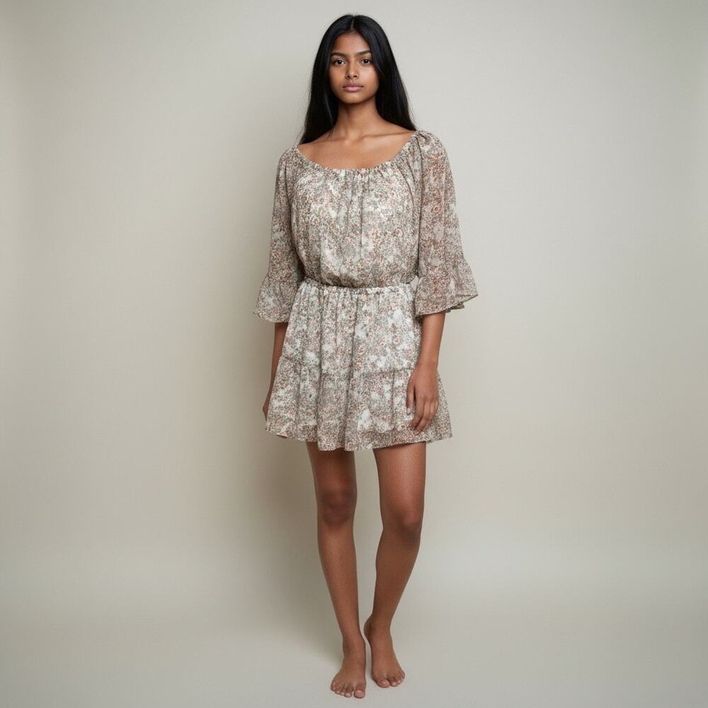 Promesa Boho Floral Mini Dress Size S Neutral Peasant‎ Flowy Cottagecore
